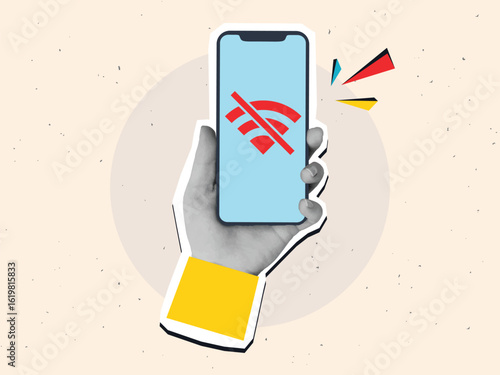 Black and white hand holding a phone with a crossed Wi-Fi sign on a screen. Modern photo collage style. Vector illustration