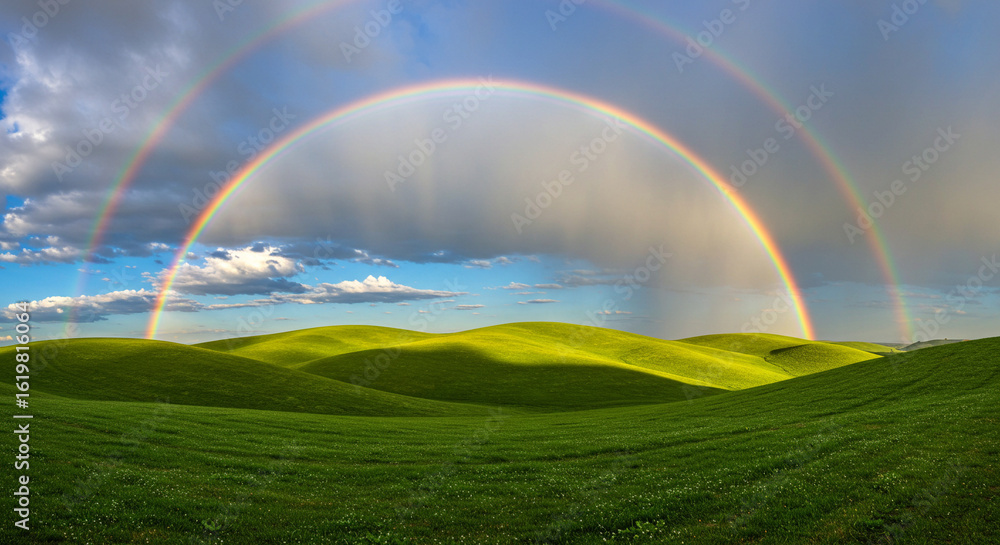 Naklejka premium Nature Background Background beautiful rainbow landscape scenic nature green fields double rainbow sky clouds summer day