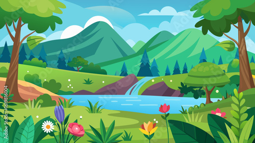 Vector art of idyllic cartoon landscape featuring rolling green hills, a clear blue lake with a small waterfall, and diverse trees and flowers under a bright sky