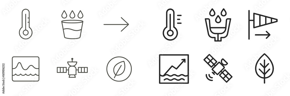 Understanding climate change through visual symbols representing temperature, water, and satellite data collection Understanding climate change through visual symbols representing temperature, water, and satellite data collection