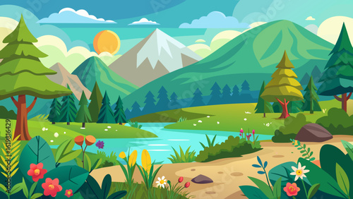 Vector art of idyllic cartoon landscape featuring verdant trees, gentle hills, a winding river, and distant snowcapped mountains under a bright, cloudy sky