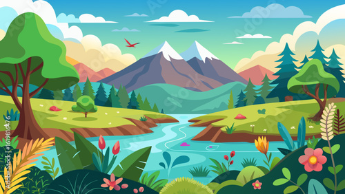 Vector art of idyllic cartoon landscape featuring a winding river, snowcapped mountains, verdant trees, and colorful flowers under a bright sky with fluffy clouds