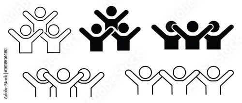 group happy people icon set, party friends. Simple solid style. Active kid, joy, fun team, enjoy concept. happy work friends. Black silhouette, Vector illustration.