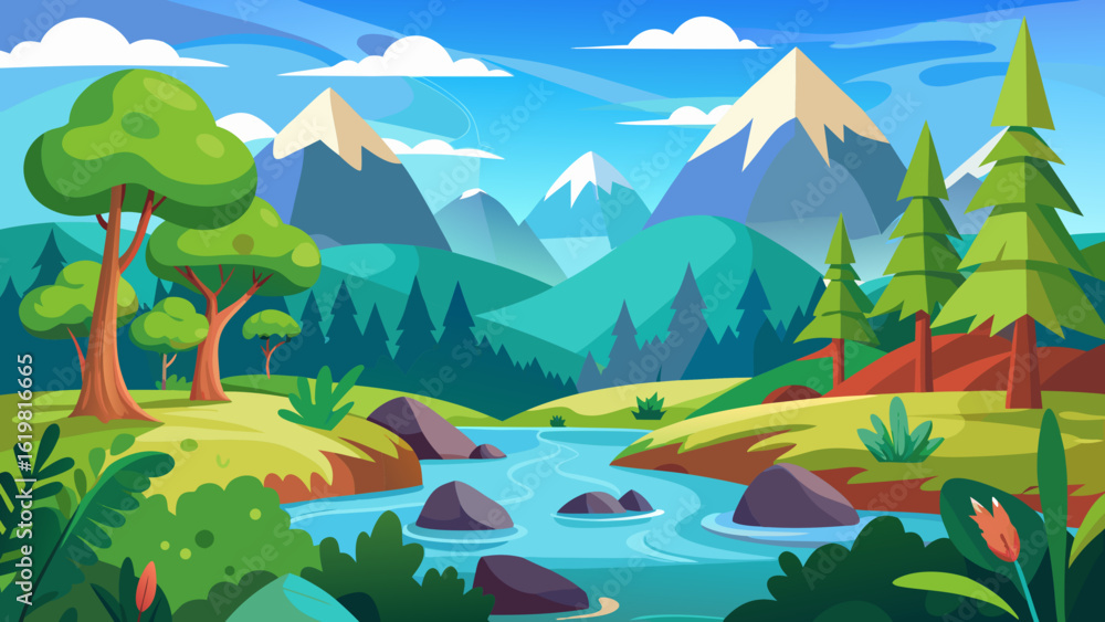 Fototapeta premium Vector art of scenic cartoon vista of a flowing river through rolling hills and mountains, adorned with trees, rocks, flowers, and a bright sun in a blue sky