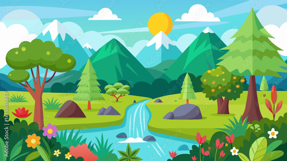 Fototapeta premium Vector art of vibrant cartoon landscape with majestic mountains, a flowing river, lush green trees, and colorful flowers under a bright sunny sky, evoking a sense of natural beauty and tranquility