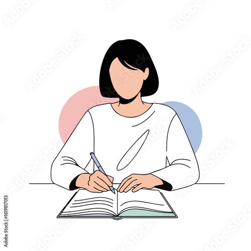 Young woman writing in notebook. This young woman writes and takes notes, creating diary entries and planning projects. Focus on young woman for self improvement projects and lifestyle blogs.