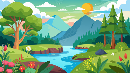 Vector art of idyllic cartoon scenery featuring a flowing river through green meadows, distant mountains, and trees, bathed in the warm glow of the setting sun