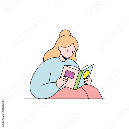 Woman reading book, absorbed in story, sitting on floor for learning and entertainment. Her reading book session is a calming solo activity for enjoying literature and relaxing.