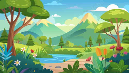 Vector art of idyllic cartoon landscape featuring rolling green hills, a winding river, scattered trees, and blooming flowers under a clear blue sky with soft clouds