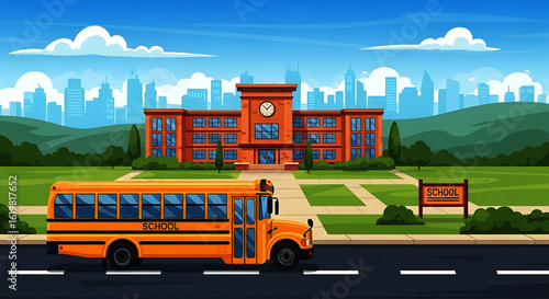 Bright Orange School Bus Driving on Road in Front of School