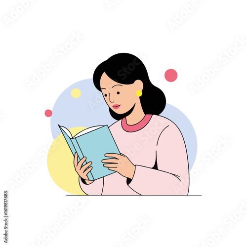 Reading book shows woman engrossed in pages of her novel, reading book, focusing on information and words. Relaxing reading book during her downtime, woman enjoys words in volume,