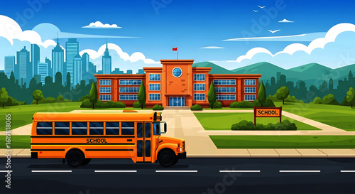 Bright Yellow School Bus on Roadway, Pixelated Style