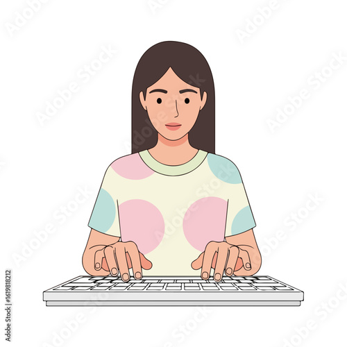 Woman typing on keyboard, depicting someone working on a computer, showcasing their engagement with technology. Woman typing reflects modern tech lifestyle and digital communication,