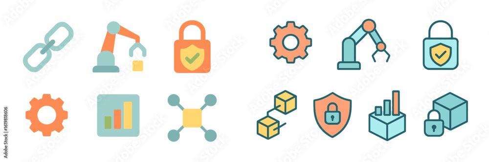 Various icons representing technology, security, and automation in a modern digital context Various icons representing technology, security, and automation in a modern digital context