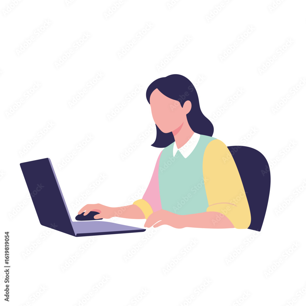 Woman using laptop for work. Woman working on computer with mouse and keyboard, creating projects and connecting online. Depicts professional woman using laptop, symbolizing productivity, Woman using laptop for work. Woman working on computer with mouse and keyboard, creating projects and connecting online. Depicts professional woman using laptop, symbolizing productivity,