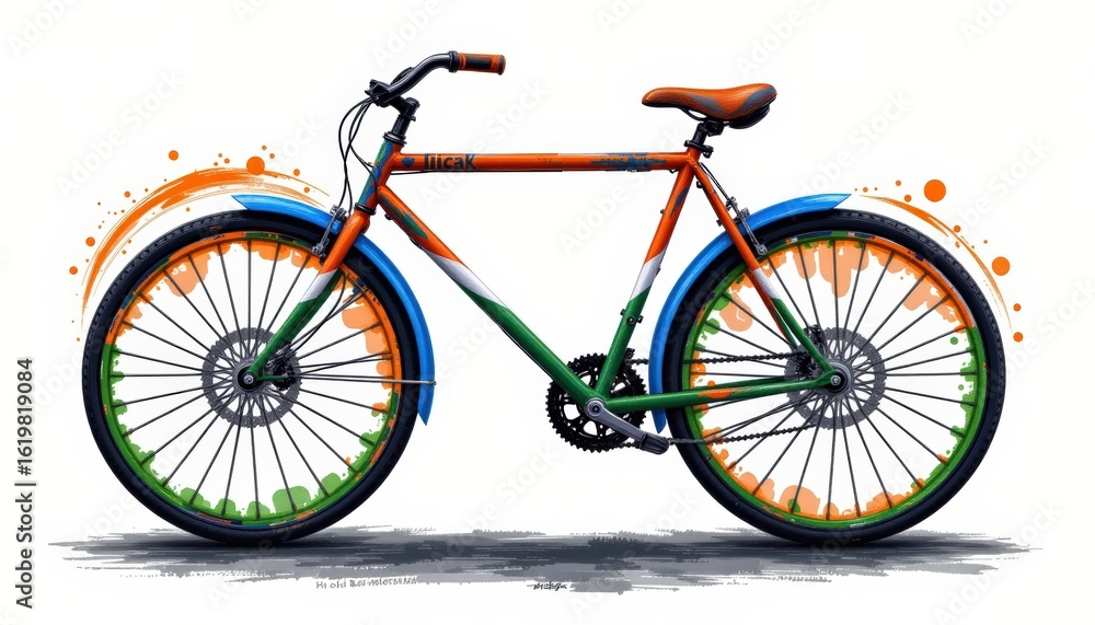 Fototapeta premium bicycle design with wheels replaced by bold ashoka chakras and the frame striped in tricolor bands