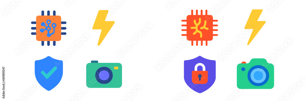 Icons representing technology and security with computer chips and cameras on a bright background Icons representing technology and security with computer chips and cameras on a bright background
