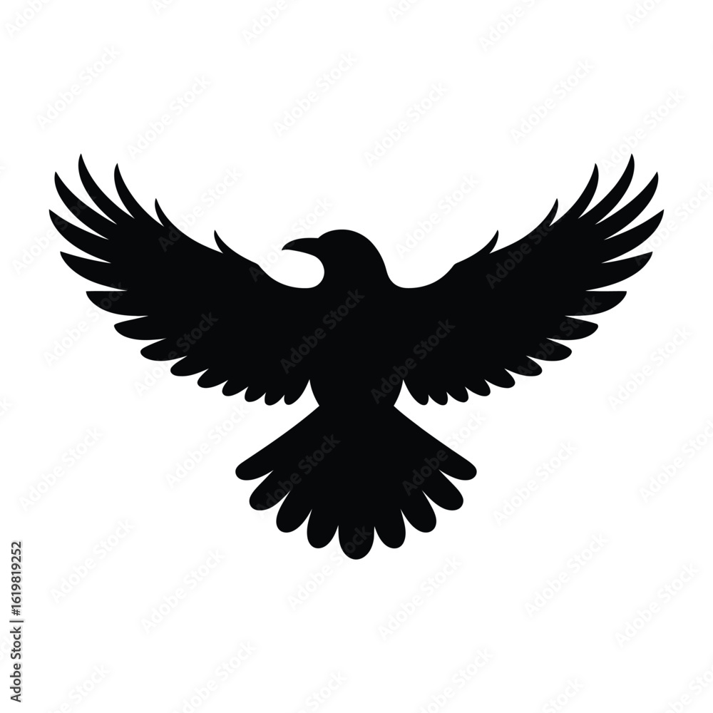 Fototapeta premium Raven Flying Bird Silhouette, Vector, Illustration, Outline, Line Art, Icon, Logo, White Background.