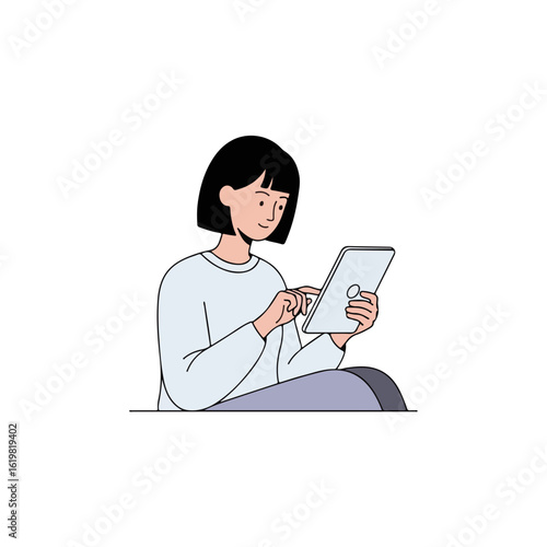 Smiling girl with a tablet in her hands is depicted in this minimalist line art. Girl with a tablet, using touchscreen, in sweater and pants sitting down and smiling, enjoying content.