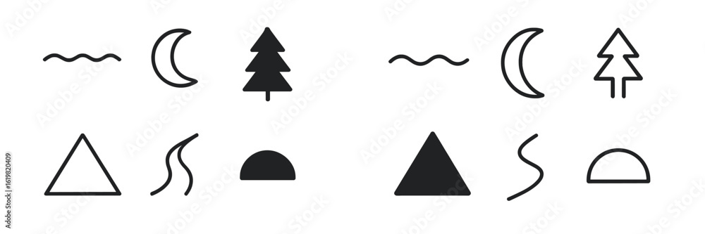 Geometric symbols of nature arranged in a simple pattern showcasing trees, mountains, and waves Geometric symbols of nature arranged in a simple pattern showcasing trees, mountains, and waves