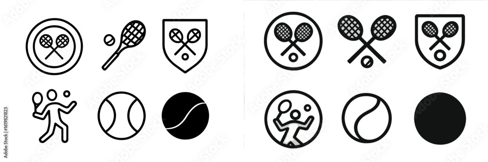 Designs of tennis symbols and icons showcasing tennis rackets, balls, and players in a simple, monochrome style Designs of tennis symbols and icons showcasing tennis rackets, balls, and players in a simple, monochrome style