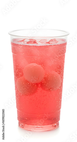 A pink lychee sparkling tea served in a transparent plastic cup with no branding. The image is isolated on a clean white background. 