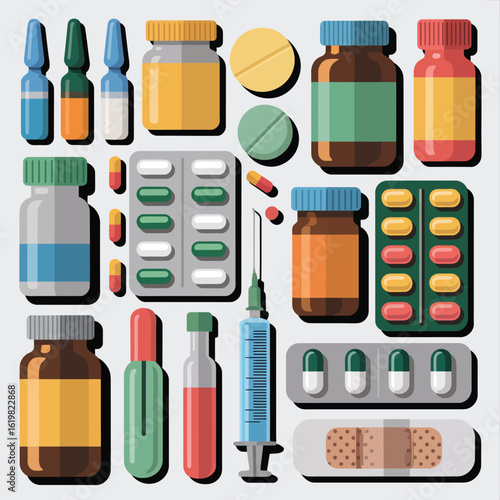 Collection of various medical supplies and pharmaceutical products