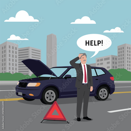 Man in suit with broken down car on city street asking for help with open hood and warning triangle