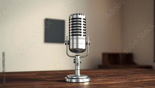 A vintage microphone stands prominently on a wooden table in a softly lit interior studio setting space | national radio day