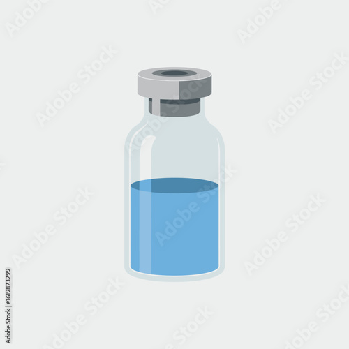 Medical vial with blue liquid and grey cap isolated on white background