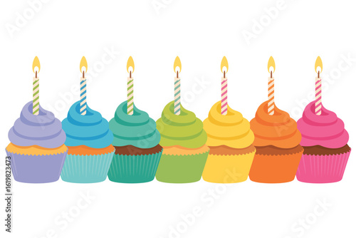 Colorful birthday cupcakes with candles in a row