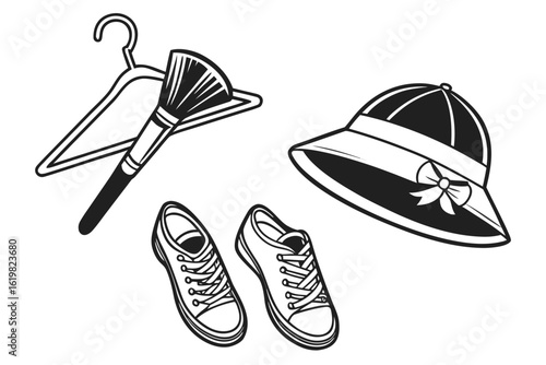 Illustration of a hanger with a brush, a sun hat with a bow, and a pair of sneakers in black and white