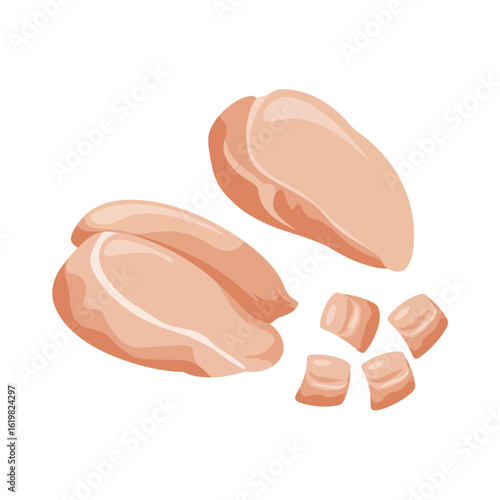 Raw chicken breast fillets and cubes isolated on white background