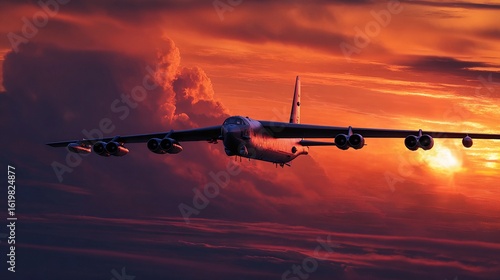 Military aircraft flying in the sunset sky over a dramatic cloud formation, showcasing the beauty of aviation and nature in harmony during twilight hours