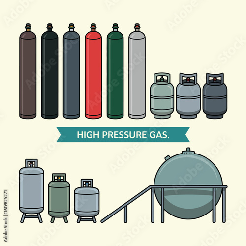 Collection of various industrial gas cylinders and tanks for storage and transport