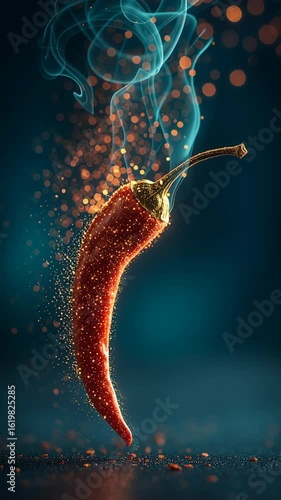 Vibrant chili pepper with glowing particles and smoke creating a mesmerizing visual display