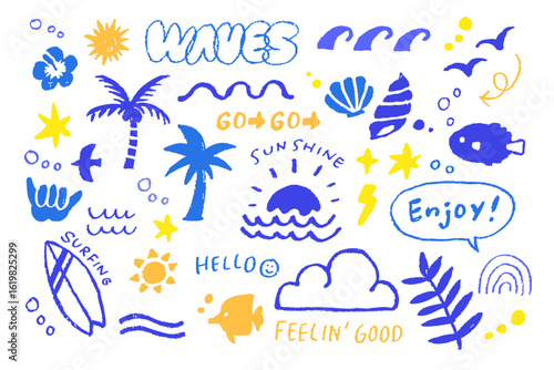 手描き風サーフィンと夏モチーフイラストセット｜波・ヤシの木・太陽・貝殻・フィーリングポップアート