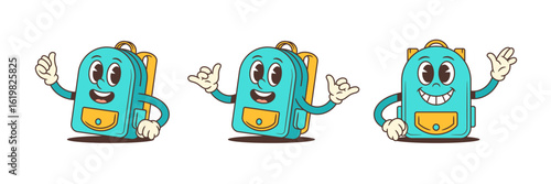 Turquoise school backpack mascot in three expressive poses featuring peace sign, thumbs up, and rock gesture. Perfect for educational themes and school-related materials. Vector illustration