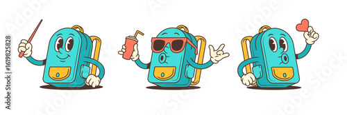 Cartoon-style school backpacks in fun poses holding a heart, a drink, and a pointer stick. Perfect for educational themes, playful branding, and kids content. Vector illustration