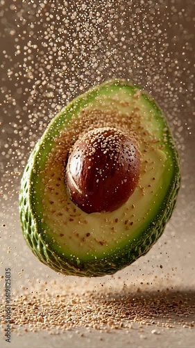 Avocado half with sesame seeds floating in the air in a culinary presentation showcasing fresh ingredients and textures