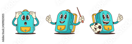 Bright blue school backpack mascot in three dynamic poses featuring surprise, confidence with a pointer, and sporty joy with a soccer ball. Perfect for educational, sports, and kids themes