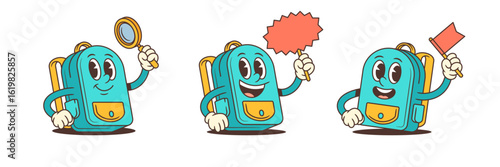 Blue school backpack mascot in three lively poses holding a magnifying glass, speech bubble, and flag. Expresses curiosity, excitement, and confidence for educational and kids branding projects