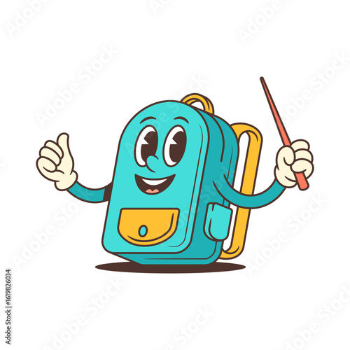 Bright turquoise school backpack mascot with a joyful expression, thumbs up, and pointer stick in dynamic teaching pose. Perfect for educational, kids, and learning themes. vector illustration