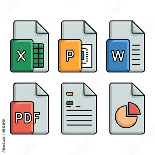 Collection of popular document file type icons including excel word pdf and presentation