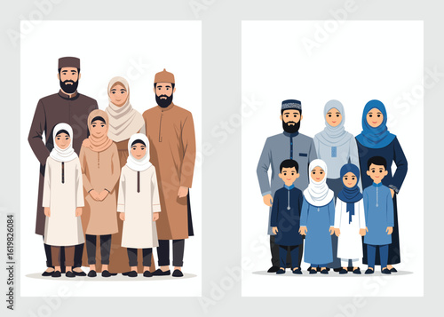 Islamic Family with Children Standing in Traditional Dress for Eid Portrait