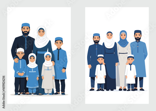 Islamic Family with Parents and Children in Cultural Muslim Dress Standing Vector