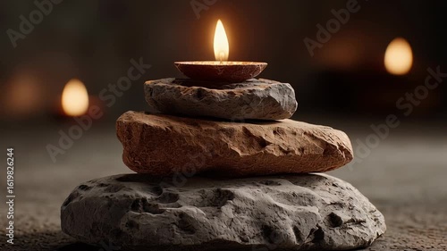 Calm evening ambiance with stacked stones and flickering candles illuminating a serene indoor space