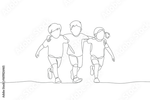 Three children walking together with arms around each other in a simple line drawing