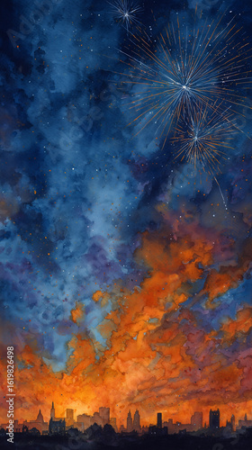 Illustration of fireworks lighting up the night sky over a silhouetted city. Festive background with space for text or graphics.