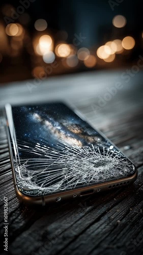 Damaged smartphone screen with stunning galaxy wallpaper at night in urban setting